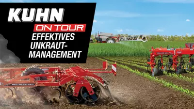 Keyvisual - KUHN on Tour - Effektives Unkrautmanagement mit einem Federzinkengrubber, einer Feldspritze und einer Reihenhacke