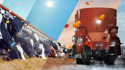 Das Keyvisual der KUHNaktuell. Fütterungstechnik 2025, welches einen Futtermischwagen zeigt, der Futter vor Kühen ausbringt und von allen 4 Jahreszeiten umspielt wird.