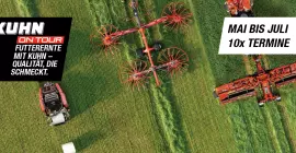 Das Keyvisual der KUHN ON TOUR Futterernte & Pressen 2026 mit dem Hinweis, dass zwischen Mai und Juli 10 Termine stattfinden