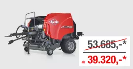 Ein Bild der KUHN FB 3125 - einer Rundballenpresse mit fester Kammer - vor einem grauen Hintergrund mit dem Aktionspreis von 39.320 Euro statt 53.685 Euro.