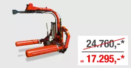 Ein Bild des KUHN RW 1200 C - eines selbstladenden Rundballenwicklers im Dreipunktanbau - vor einem grauen Hintergrund mit dem Aktionspreis von 17.295 Euro statt 24.760 Euro.