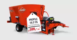 Ein Bild des KUHN PROFILE 18.2 CS - eines gezogenen Futtermischwagens mit 2 Vertikalschnecken - vor einem grauen Hintergrund mit einem Aktionsfinanzierungsangebot.