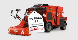Ein Bild des KUHN SPV POWER 17.1 - eines selbstfahrenden Futtermischwagens mit 1 Vertikalschnecke - vor einem grauen Hintergrund mit einem Aktionsfinanzierungsangebot.