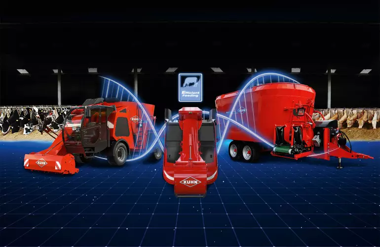 Ein Bild der verschiedenen Maschinen der Fütterungstechnik von KUHN, welche durch einen DNA-Strang verbunden sind.