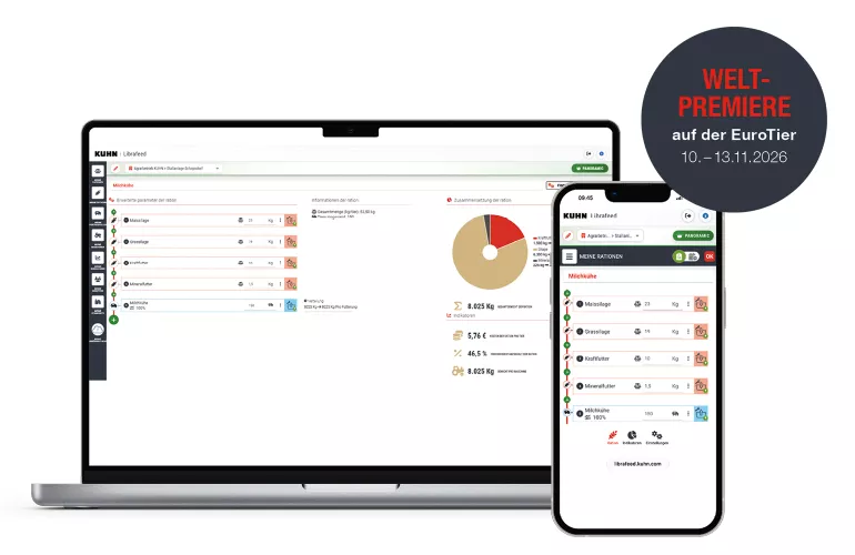 Eine Darstellung der KUHN Librafeed Software auf Laptop und Smartphone.