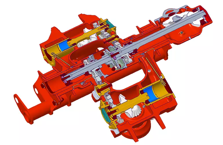 Eine schematische Darstellung des Getriebes des GMD 15030.