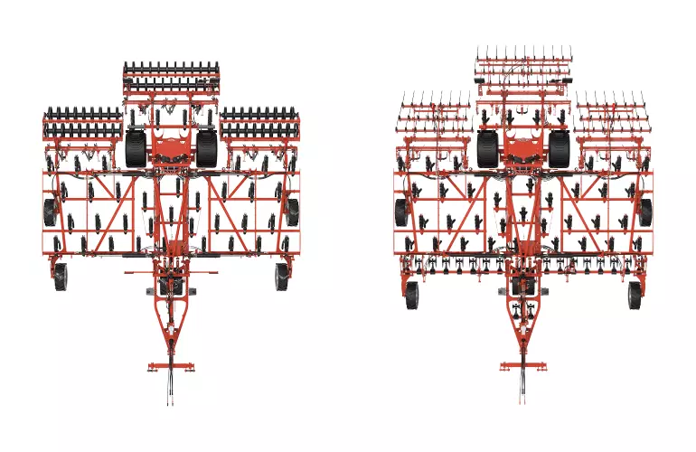 Eine schematische Darstellung des Ausstattungsoptionen des HIGHLANDERS mit Doppel-U-Walze und Dreifachstriegel.