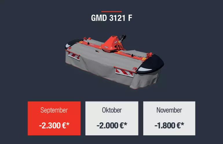 Eine Darstellung des Angebots für das Mähwerk GMD 3121 F aus der KUHNaktuell. Herbstrasen (Frühbezug) von KUHN.