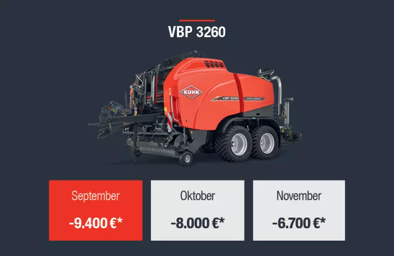 Eine Darstellung des Angebots für die Presswickelkombination VBP 3260 aus der KUHNaktuell. Herbstrasen (Frühbezug) von KUHN.