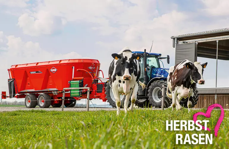 Eine Darstellung des Keyvisuals für die Fütterungstechnik aus der KUHNaktuell. Herbstrasen (Frühbezug) von KUHN.