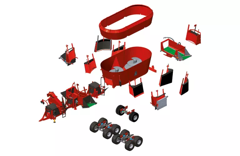 Eine schematische Darstellung der Konfigurationsmöglichkeiten eines gezogenen Futtermischwagens der Firma KUHN