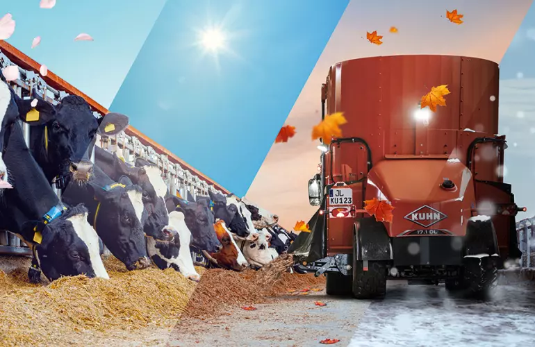 Das Keyvisual der KUHNaktuell. Fütterungstechnik 2025, welches einen Futtermischwagen zeigt, der Futter vor Kühen ausbringt und von allen 4 Jahreszeiten umspielt wird.