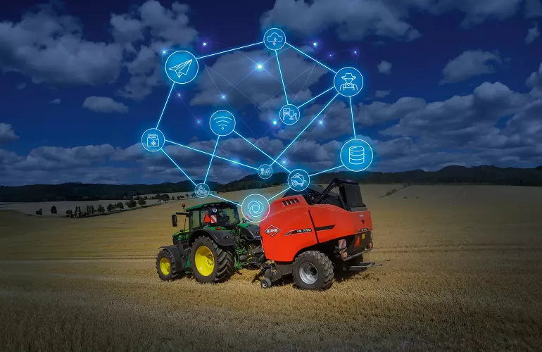 Ein Bild, welches die Automatisierungsfunktionen der KUHN-Rundballenpressen darstellt.