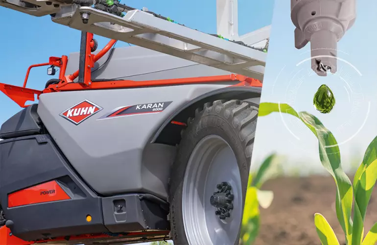Das Keyvisual der KUHNaktuell. Pflanzenschutz 2025, welches die KARAN und eine Düse einer Feldspritze abbildet