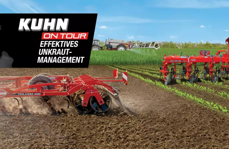 Keyvisual - KUHN on Tour - Effektives Unkrautmanagement mit einem Federzinkengrubber, einer Feldspritze und einer Reihenhacke