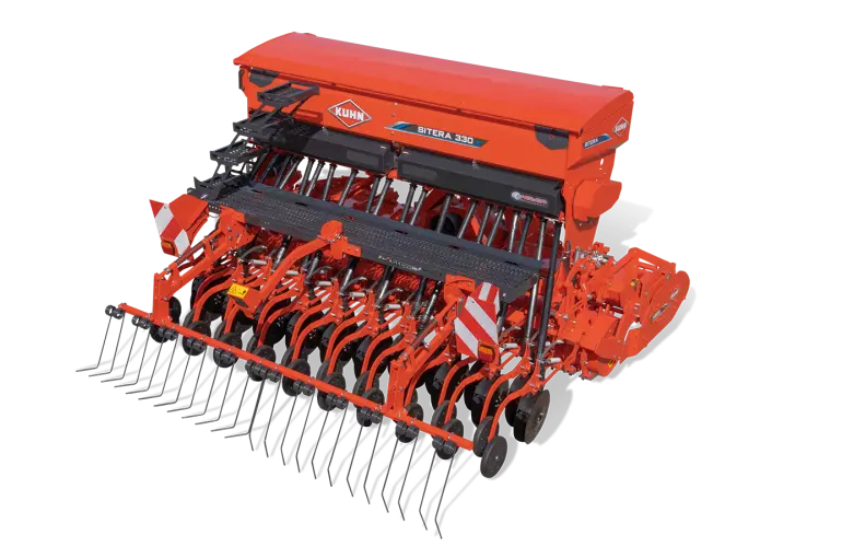 Darstellung der SITERA 330e - einer mechanischen Aufbaudrillmaschine mit elektrischem Antrieb der Firma KUHN.