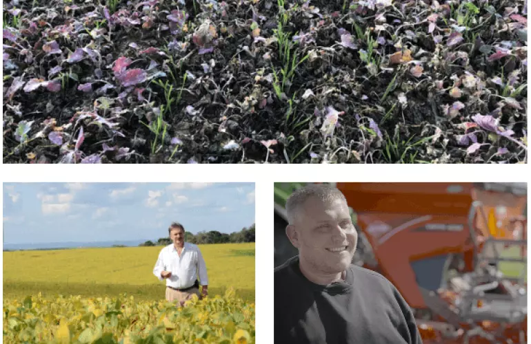 Landschaft und Felder mit glücklichen Landwirten