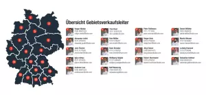 Eine Darstellung der Vertriebsgebiete der Firma KUHN mit den zugehörigen Gebietsverkaufsleitern.