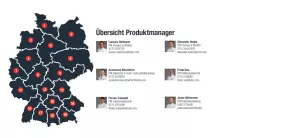 Eine Darstellung der Vertriebsgebiete der Firma KUHN und den Produktmanagern.