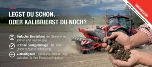 Eine Darstellung einer Einzelkornsämaschinen und einer Hand, welche Erde und ein Korn Saatgut hält, mit einem Banner welches sagt: Frühbezug - Bestseller zu Sonderkonditionen