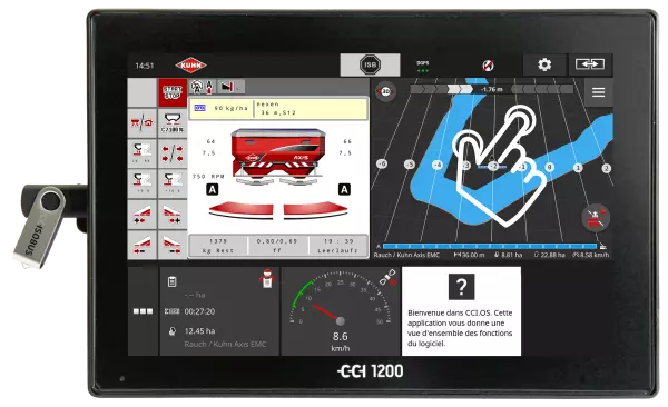 CCI 1200 Terminal mit einer Handdarstellung, die das intuitive Surfen dank der MultiTouch-Funktion zeigt.