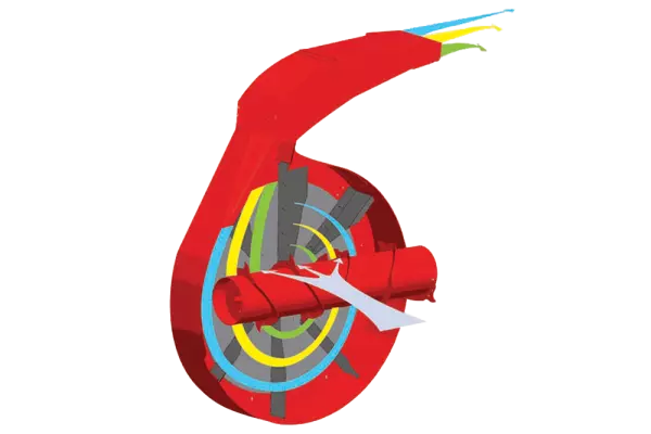 Dosierwalze und Wurfgebläse des Einstreu- und Verteilgeräts KUHN PRIMOR 3570 M lockern das Stroh intensiv auf, ohne es dabei zu häckseln.