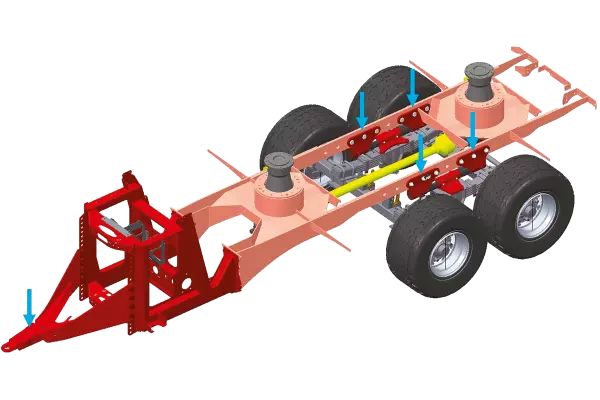 3 Wiegebolzen und ein integriertes Fahrgestell verleihen dem KUHN-Mischwagen PROFILE PLUS 2 DL/2CL seine hohe Wiegegenauigkeit bei jedem Befüllgrad bis hin zum maximalen Volumen von 34 m<sup>3</sup>.