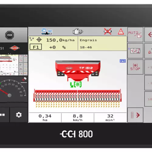 Bildschirm des Terminals CCI 800 mit pneumatischer ISOBUS-Säschiene BTF und Fronttank TF 1512