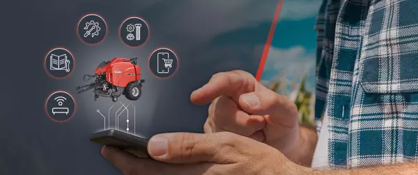 Das Keyvisual zum neuen MyKUHN, welches eine Ballenpresse und ein Smartphone darstellt, sowie alle Möglichkeiten, welche das neue MyKUHN bietet, als Icons abbildet.